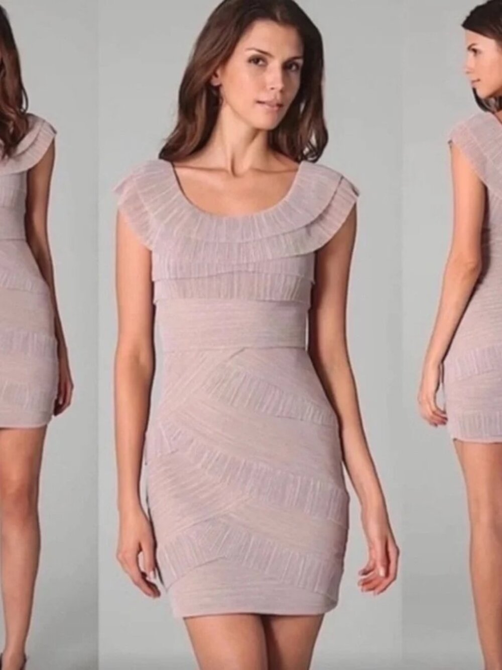 BCBGMaxazria Briana Mesh Ruffled Dress Sepia